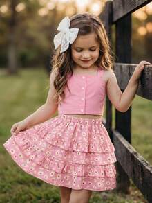 Emery Rose Kids 两件套少女纯色编织休闲背心和碎花裙套装 - 粉色 - 查看 3