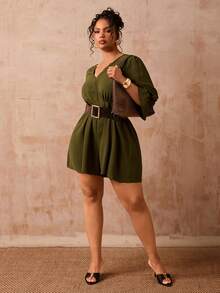 Veslaya Plus Size Women Olive Green Autumn Jumpsuit,V-Neck Puff Sleeve Elastic Waist Woven Fabric Romper,Smart Casual Everyday Commute Elegant Business Outfit - Army Green - View 8