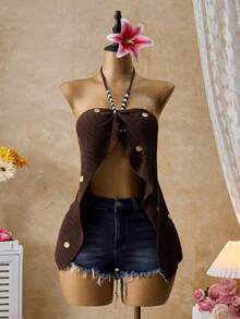 Femesol Women's Solid Color Sequin Beaded Halter Backless Sexy Versatile Date Night Knit Top - Brown - View 4