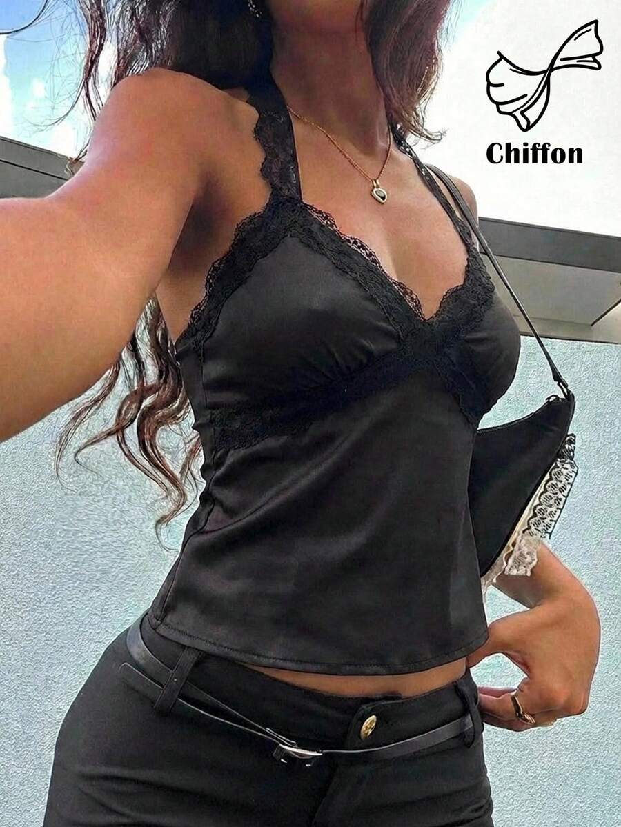 Aloruh Women's Fashion Contrast Lace Spaghetti Strap Backless Camisole For Summer - Black - View 1