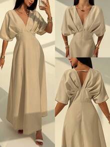 Aloruh Đầm chữ A cổ chữ V sâu, xếp ly eo dành cho nữ - Màu Khaki - Xem 11