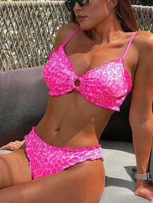 Bonvoyette Summer Fuchsia Leopard Print Tie Front Bikini Set, Sexy Cute Beach Swimwear For Women - Multicolor - View 5