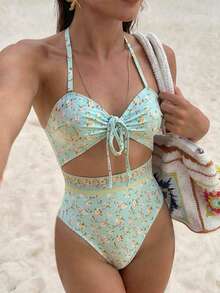 Swim Chiccia 夏季新款性感露背系带连体裹身裙泳衣，绿色碎花印花，适合小胸身材，时尚沙滩装，适合度假、蜜月、假日穿着 - 彩色 - 查看 8