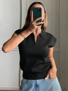 DAZY Women's Solid Color Fitted Polo Collar Elegant Formal Spring/Autumn Knit Top Summer - Black - View 3