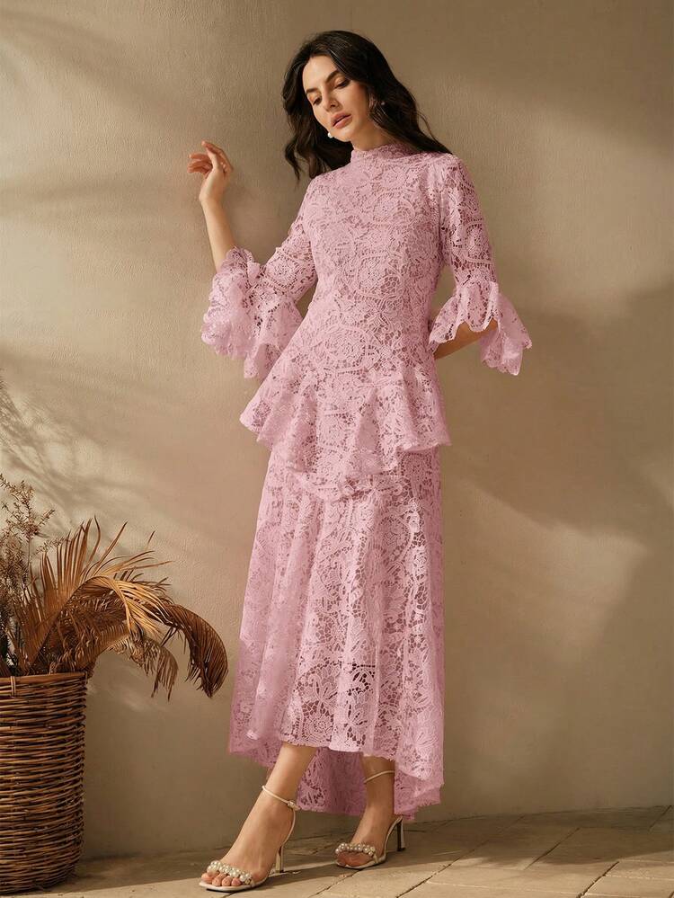 White Lace Midi Dress, Elegant Romantic Dress With Ruffle Hem, Sexy Formal Dress For Valentine's Day