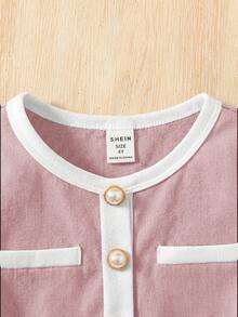 SHEIN Serisse Kids 两件套少女休闲正式优雅返校套装，撞色珍珠纽扣衬衫搭配直筒裤，返校季少女装 - 淺粉色 - 查看 5
