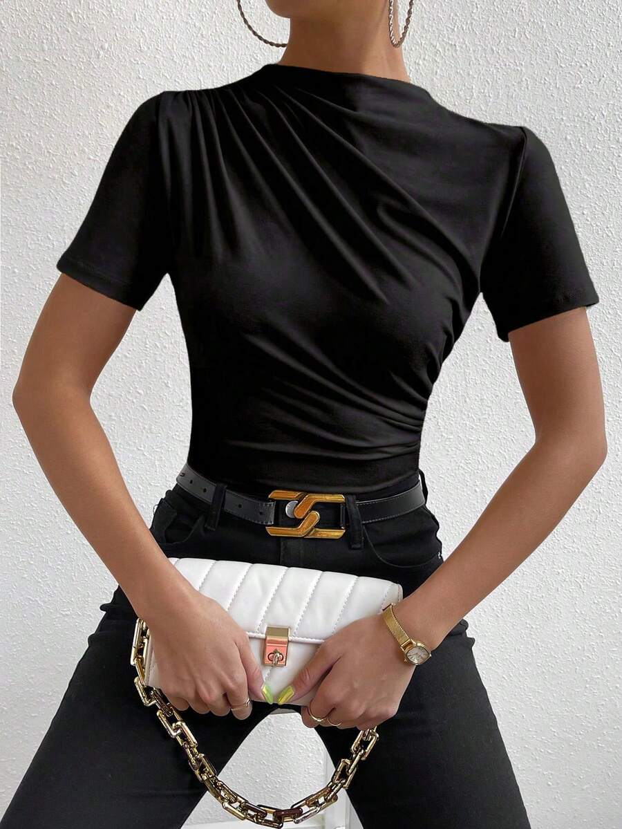 SHEIN ChicEase 女士纯色褶皱休闲短袖T恤 - 黑色 - 查看 1