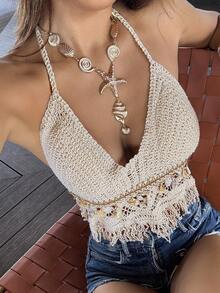 DAZY 女士镂空设计性感吊带针织上衣，度假必备 - 杏色 - 查看 2