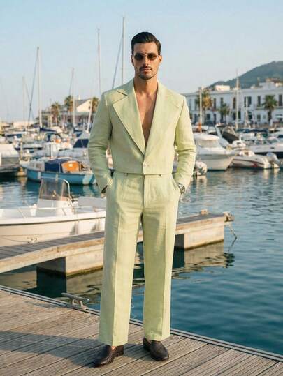 HIMLAND Herrkostymset med vävd, lös passform, kortärmad, öppen framjacka och byxor med resår i midjan och raka ben, 2 delar