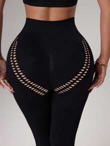 Dewbera Dewbera Nahtlose schwarze Damen-Sportleggings mit Rosen-Cut-Out-Design, geeignet für Training, Fitness, Yoga - Schwarz - Übersicht 8