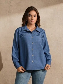 Juhart 女士加大码休闲不对称褶皱纽扣装饰长袖宽松衬衫，适合工作和通勤，适合春秋季女性穿着 - 藍色 - 查看 3