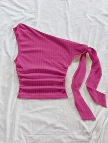 Soleia 度假风性感不对称肩带系带飘逸修身浅黄色上衣，适合派对、度假、音乐节、波西米亚风、假日约会、下午茶等场合。 - 玫紅色 - 查看 5