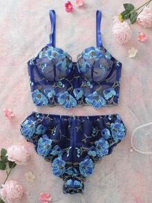 2pcs Sexy Lingerie Set With Floral Embroidery Fabric, Underwire Bra With Hollow Back Design, Ruffle Trim Panties, Sensual Style - Multicolor - View 1