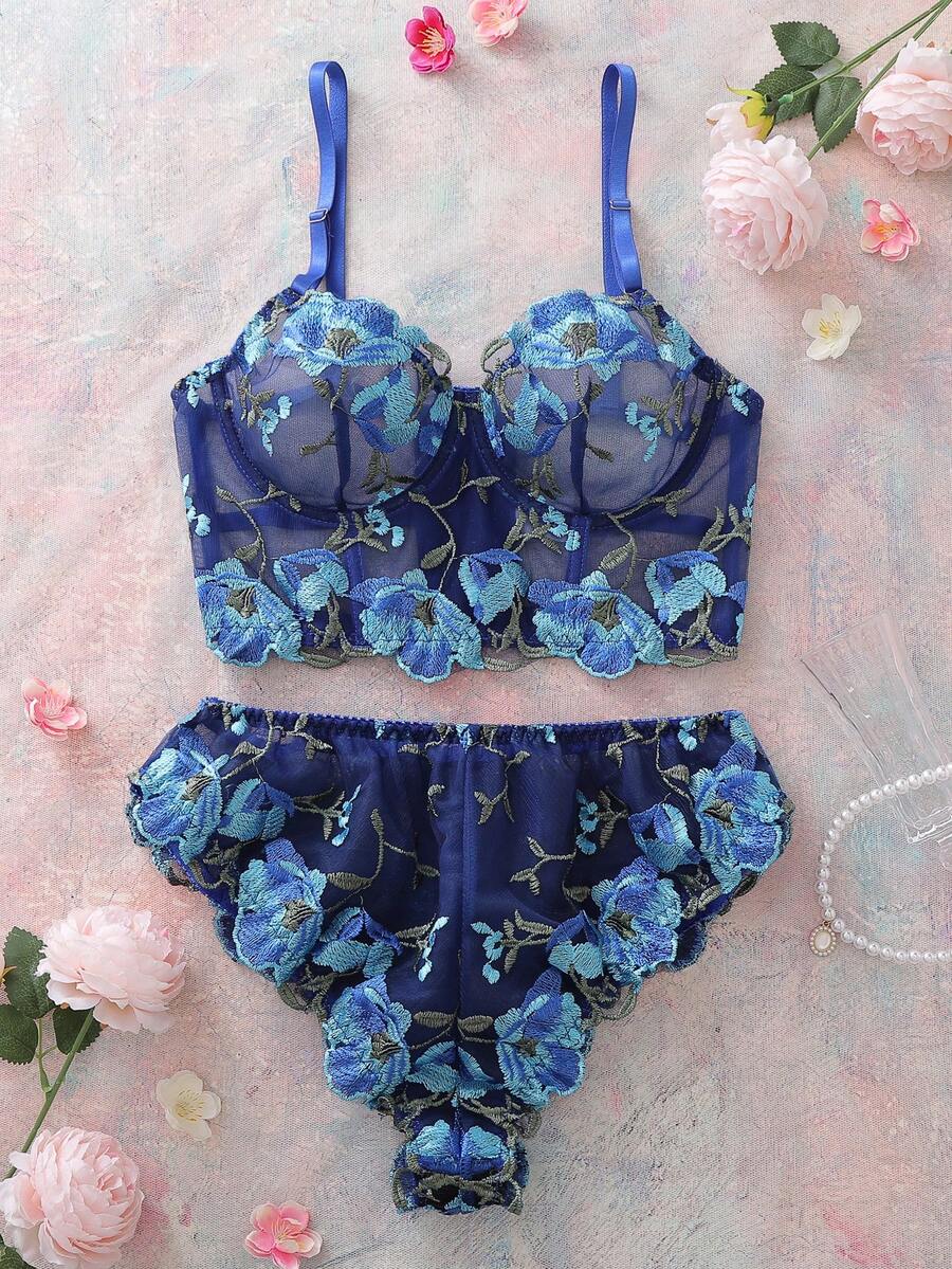 2pcs Sexy Lingerie Set With Floral Embroidery Fabric, Underwire Bra With Hollow Back Design, Ruffle Trim Panties, Sensual Style - Multicolor - View 1