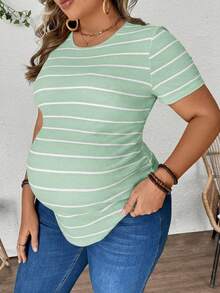 Plussiva Plus Size Pregnant Women Striped Round Neck Short Sleeve Casual T-Shirt - Green - View 6
