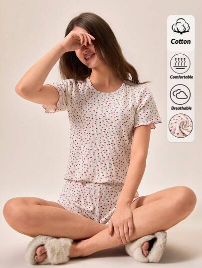 Loomlin Cotton 2pcs White With Multicolour Heart Pattern Rib Knit Round Neck Short Sleeved Shirt&Short Contrast Stitch Detailed Homewear Comfort Casual Women 2pcs Pajama Set