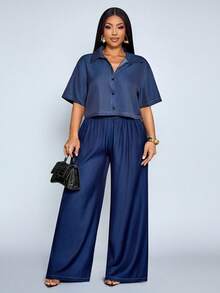 SOLERSUN Pantalon ample en coton-lin imitation denim de couleur unie pour femmes grandes tailles, idéal pour les vacances, les déplacements et le port quotidien. - Bleu marine - Voir 6