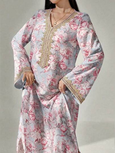 Al Najma Đầm dài tay in hoa, phối ren móc, kiểu dáng kín đáo, thanh lịch, kiểu Kaftan và Jalabiya dáng chữ A, thích hợp cho tiệc tối/đám cưới/kỷ niệm/mặc hàng ngày.