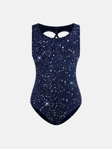 女童露背针织连体裤，多功能舞蹈服、滑冰服、休闲日常运动服、舒适连体衣 - 藏蓝色 - 查看 2