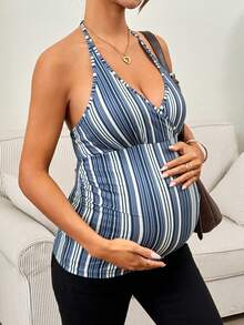 SHEIN Maternity Striped Fashionable Fitted Halter Neck Camisole - Dusty Blue - View 6
