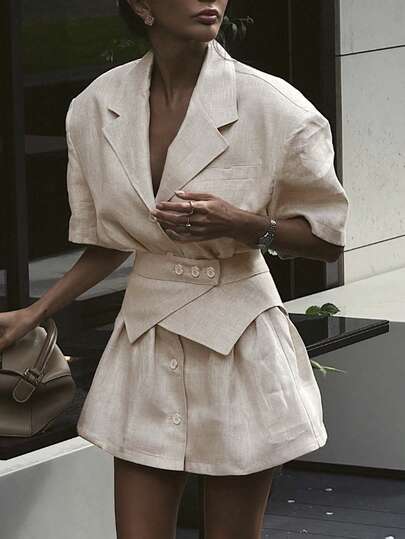 Siren Gaze Women's Elegant Casual Beige Short Sleeve Notched Lapel Waist Belt Button Detail Asymmetrical Hem Blazer Dress, Summer Vacation Holiday Outfit, Party Office Work Business Dress