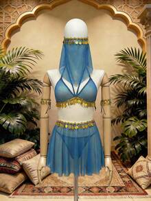 Conjunto de 6 piezas de lencería sexy de malla para mujer - Agua verde azul - Ver 5