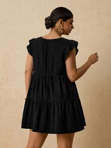 Travachic Plus Size Women Solid Color Front Tie Cap Sleeve Cute Dress - Black - View 2
