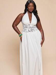 SHEIN BAE 大码女式吊带系带连衣裙，宽松飘逸度假连衣裙 - 白色 - 查看 5