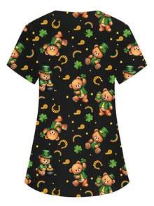 PopScrub Áo đồng phục y tá, bác sĩ, bác sĩ màu đen cổ chữ V, tay ngắn, hai túi, in hình gấu xanh dễ thương và cỏ bốn lá, áo khoác phòng thí nghiệm dinh dưỡng, áo sơ mi công sở mùa hè nhiều túi tiện dụng dành cho nữ. - màu đen - Xem 2