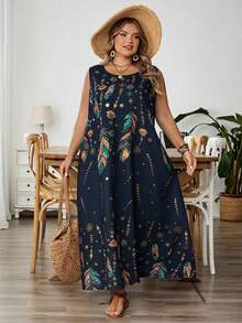SHEIN CURVE+ Plus Size Women's Sleeveless Floral Print Dress, Summer,Holiday Outfits For Womenfall Clothes For Women,Winter,CURVE PLUS, Summer Dresses - Navy Blue - View 7