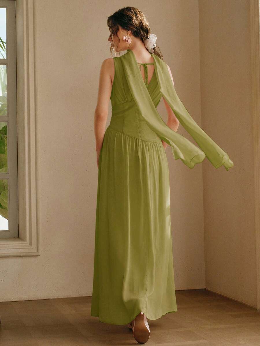 Anewsta 女士V领缎带串珠褶皱收腰闪亮派对优雅度假连衣裙,适合婚礼宾客、奢华晚礼服 - 綠色 - 查看 1