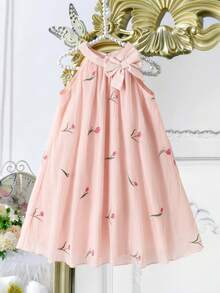 SHEIN Elladie kids 甜美梦幻的少女连衣裙，3D立体花卉网纱粉色吊带裙，优雅独特，适合派对、外出和日常生活。 - 淺藍色 - 查看 4