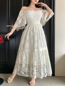 DAZY Đầm ren phối màu tương phản, họa tiết hoa, dáng dài ngang gối, thích hợp cho nữ, kiểu dáng mùa hè, phong cách boho, đi nghỉ mát. - Màu be - Xem 8