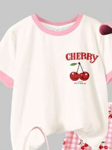 Conjunto de 2 piezas de camiseta de manga corta de cuello redondo holgada y pantalones cortos con estampado de cuadros en blanco crema y rosa crema, estilo vintage retro dulce y elegante para niñas preadolescentes, adecuado para primavera/verano, uso diario, casual, salidas, vacaciones, campus, verano y atuendos de verano, cómodo y fácil, capas de verano para niños, ropa gráfica vintage de niños, de vuelta a la escuela, homecoming, estilo relajado, chic relajado, atuendos con vibra tranquila - Multicolor - Ver 5