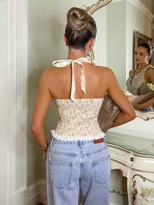 SHEIN Áo kiểu nữ ren hoa cổ yếm buộc dây, phong cách thường ngày, đa năng. - Nhiều màu - Xem 2