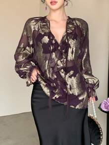 DAZY 女士优雅印花系带腰身衬衫，春夏款 - 黑色 - 查看 9