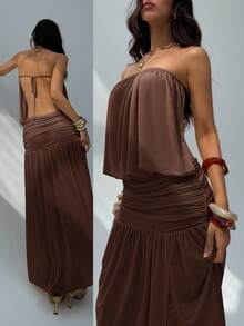 Aloruh 女士新款无袖纯色连衣裙，夏季服装，带褶饰设计的露背连衣裙，伞状下摆的长裙，透视连衣裙 - 棕色 - 查看 2