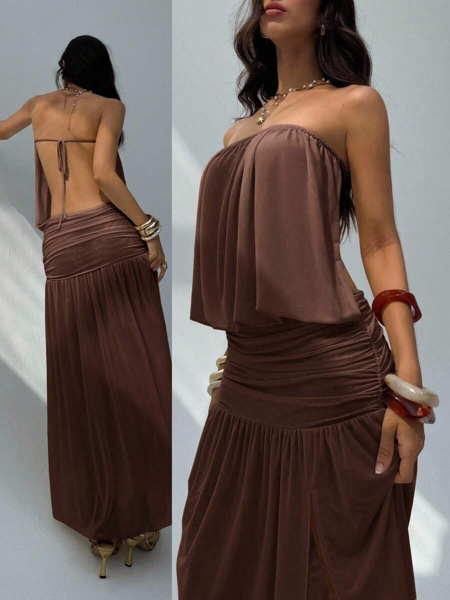 Aloruh 女士新款无袖纯色连衣裙，夏季服装，带褶饰设计的露背连衣裙，伞状下摆的长裙，透视连衣裙