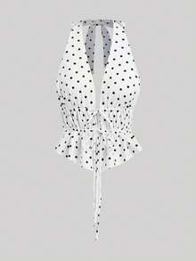 Lyxana Parte superior de verano con escote halter, espalda descubierta y estampado de lunares con lazo - Blanco - Ver 3