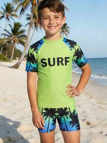 SHEIN Tween Boy Casual Minimalist Round Neck Short Sleeve Shorts Swimsuit Set, Suitable For Summer - Multicolor - View 4