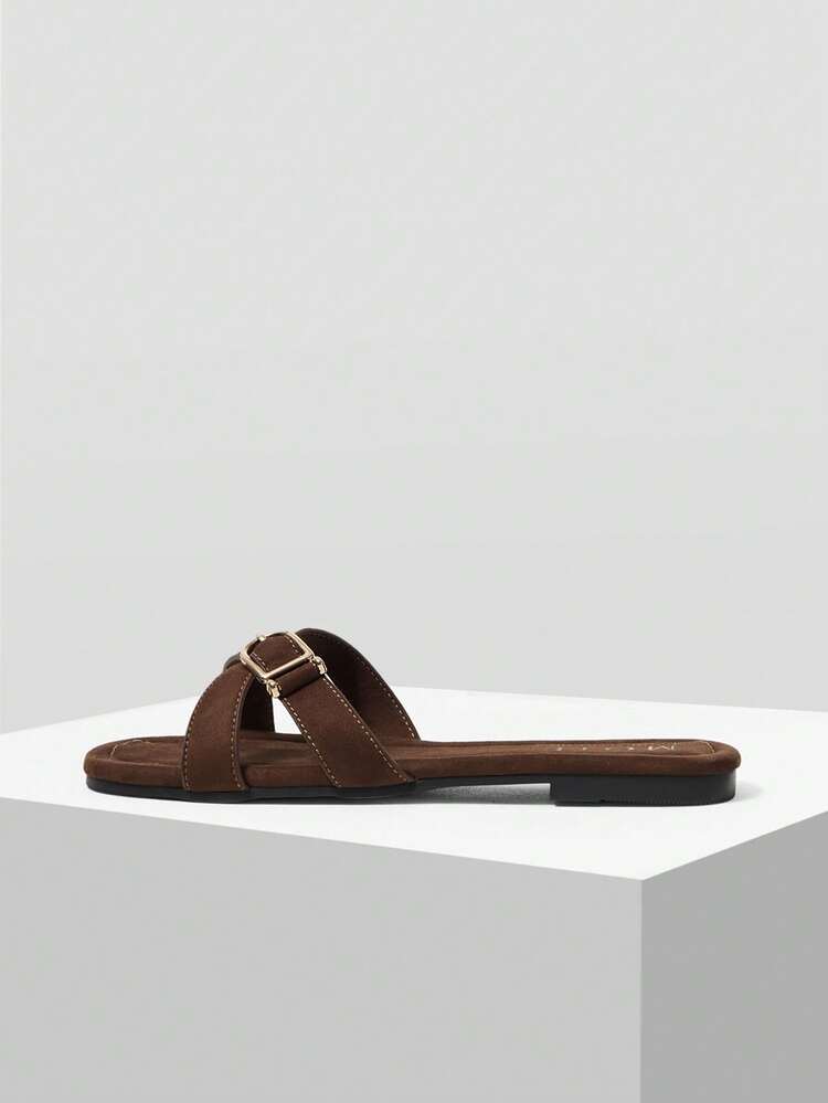 WOMEN'S DARK BROWN BUCKLE DECOR CRISS-CROSS FLAT SLIDE SANDALS - CASUAL/BEACH COMFORTABLE SUMMER SLIPPERS SPRING SHOES SUMMER SHOES