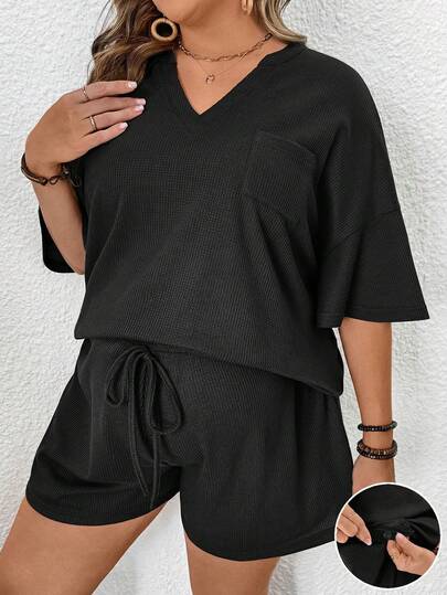 Plussiva 2pcs Maternity Plus Size Solid V-Neck Top And Adjustable Waist Shorts Set, Casual Daily Wear Women 2 Piece Outfit Casual Casual Coords Set For Women Women Two Piece Sets Short Two Piece Casual Sets Woman S Co Ords Set Black Short Set For Women Leisure Two Piece Set Black Two Piece Set