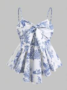 Girlism Tween Girls' Casual Vacation Blue & White Print Ruched Bust Asymmetrical Hem Camisole - Blue and White - View 3