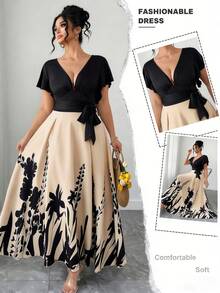 Vestido casual de línea A con cuello en V, volantes en el bajo y lazo en la cintura para mujer de talla grande.Estampado floral, corte holgado, cómodo y de moda para primavera/verano.Adecuado para uso diario, vacaciones, trabajo y ocasiones versátiles. - Multicolor 3 - Ver 6