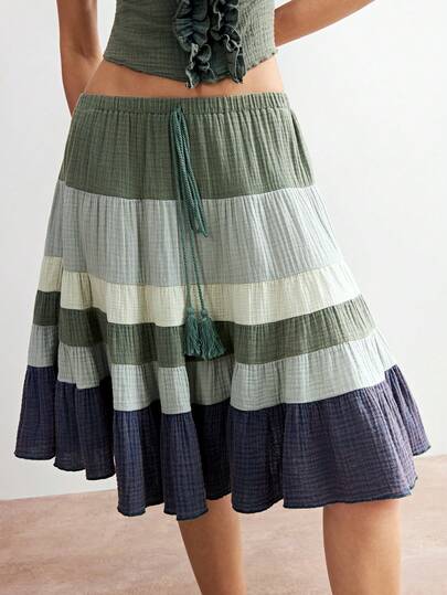 Bohemela Casual Woven Patchwork Color Loose Women Skirt