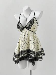 Sunspun 新款甜美度假优雅外出上衣，花卉面料撞色蕾丝饰边蝴蝶结吊带背心，不规则荷叶边下摆短款吊带背心 - 彩色 - 查看 7