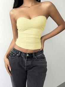SHEIN BASICS 女士休闲纯色针织修身抹胸上衣 - 黃色 - 查看 6