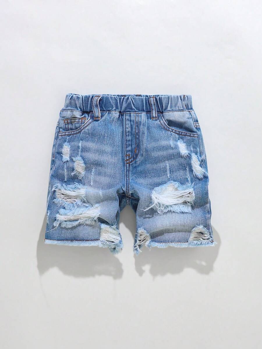 Boys'Summer Denim Shorts,80s Fashion Street Style,Light Blue Washed Distressed Ripped Details,Elastic Waistband Design For Comfort,Versatile Fit - Light Wash - View 1
