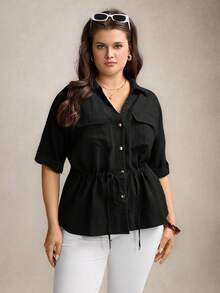 Zelara Plus Size Women Drawstring Waist Short Sleeve Utility Pocket Loose Shirt - Black - View 6