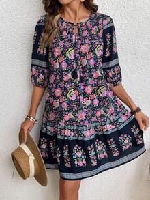 Breezaya Vestido con mangas de farol con estampado, cuello con lazo, para vacaciones y playa - Morado - Ver 3